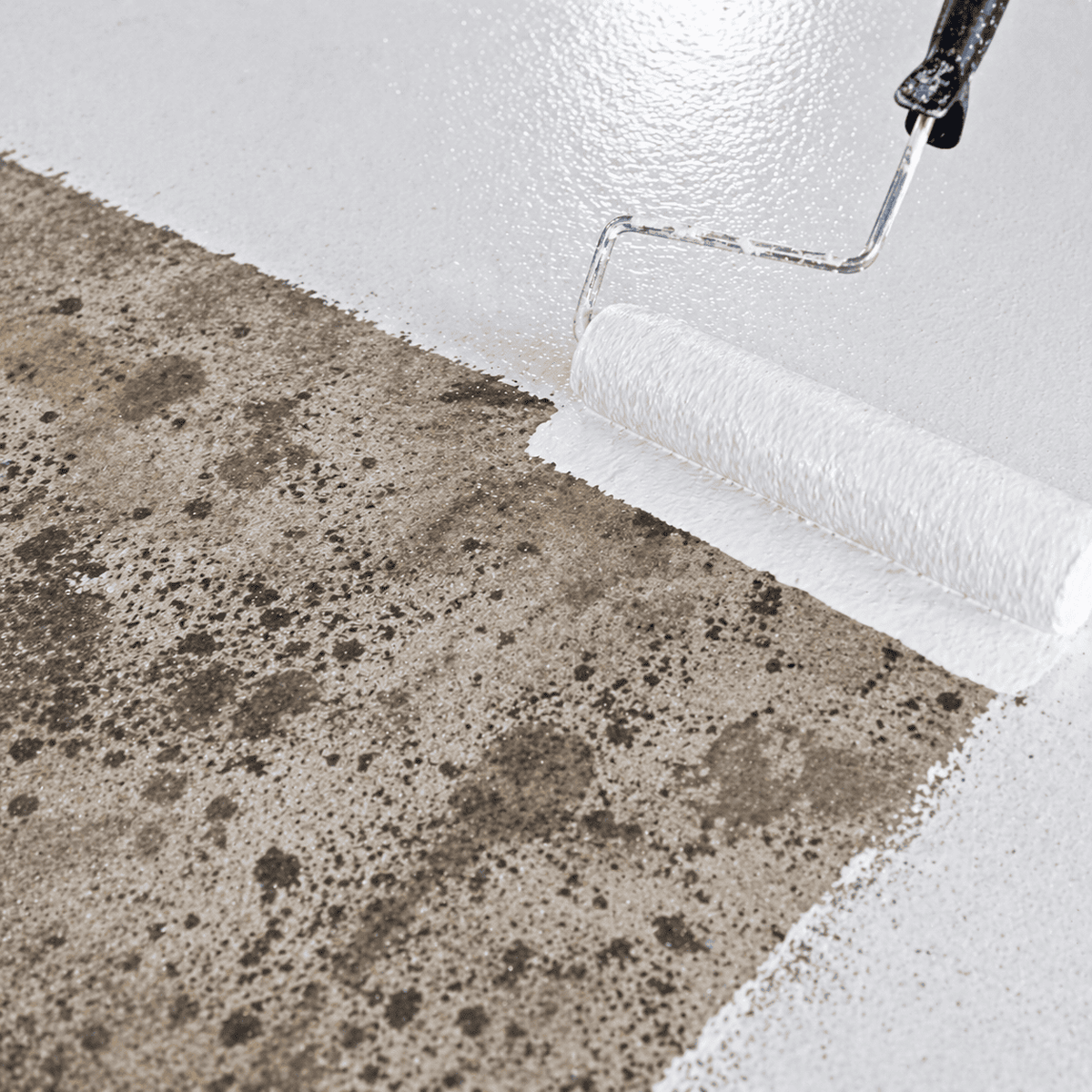 Weiße Epoxidharz-Grundierung wird mit einer Farbrolle gleichmäßig auf den vorbereiteten Betonboden aufgetragen und bildet eine helle, geschlossene sowie hochhaftende Basis für dekorative Epoxidharz- und Metallic-Bodensysteme mit maximaler Farbbrillanz und optimaler Deckkraft.
