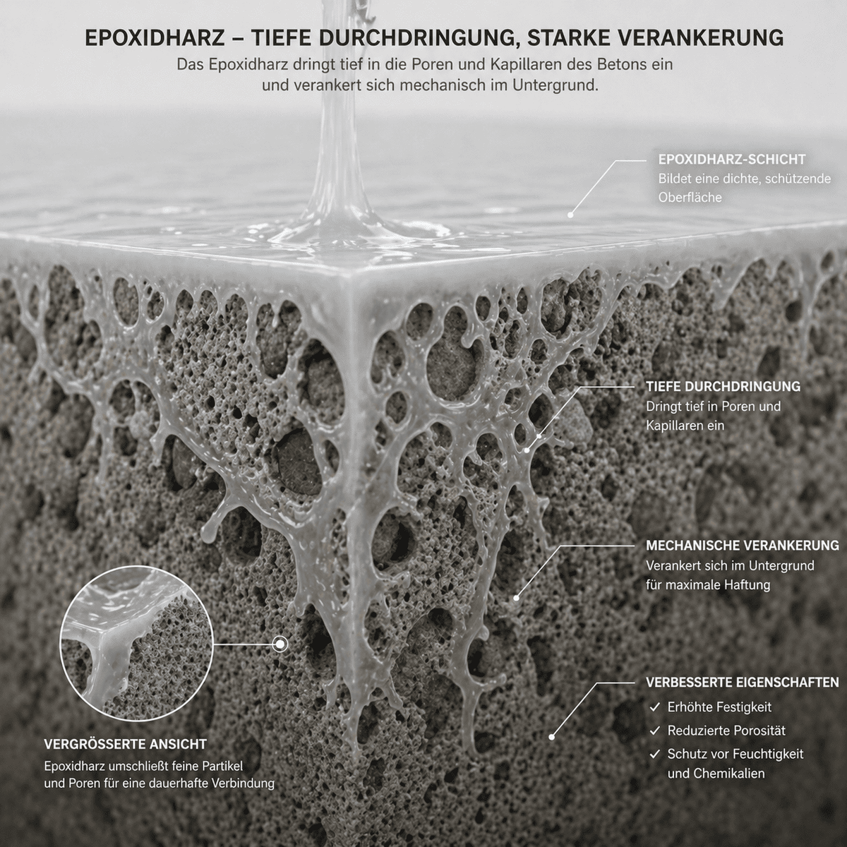 Infografik: So funktioniert eine weiße Epoxidharz-Grundierung – sie dringt tief in die Poren und Kapillaren des Betonuntergrunds ein, verankert sich dauerhaft im Material und bildet eine geschlossene, haftstarke Basis für Epoxidharz- und Metallic-Bodensysteme mit erhöhter Festigkeit, reduzierter Porosität sowie dauerhaftem Schutz vor Feuchtigkeit und Chemikalien.