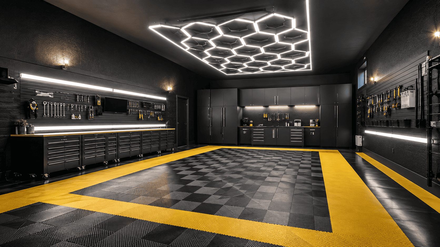 Moderne Garage und Werkstatt in Schwarz mit gelben Akzenten, Werkzeugwänden, Hexagon-Beleuchtung und Designboden in Fliesenoptik