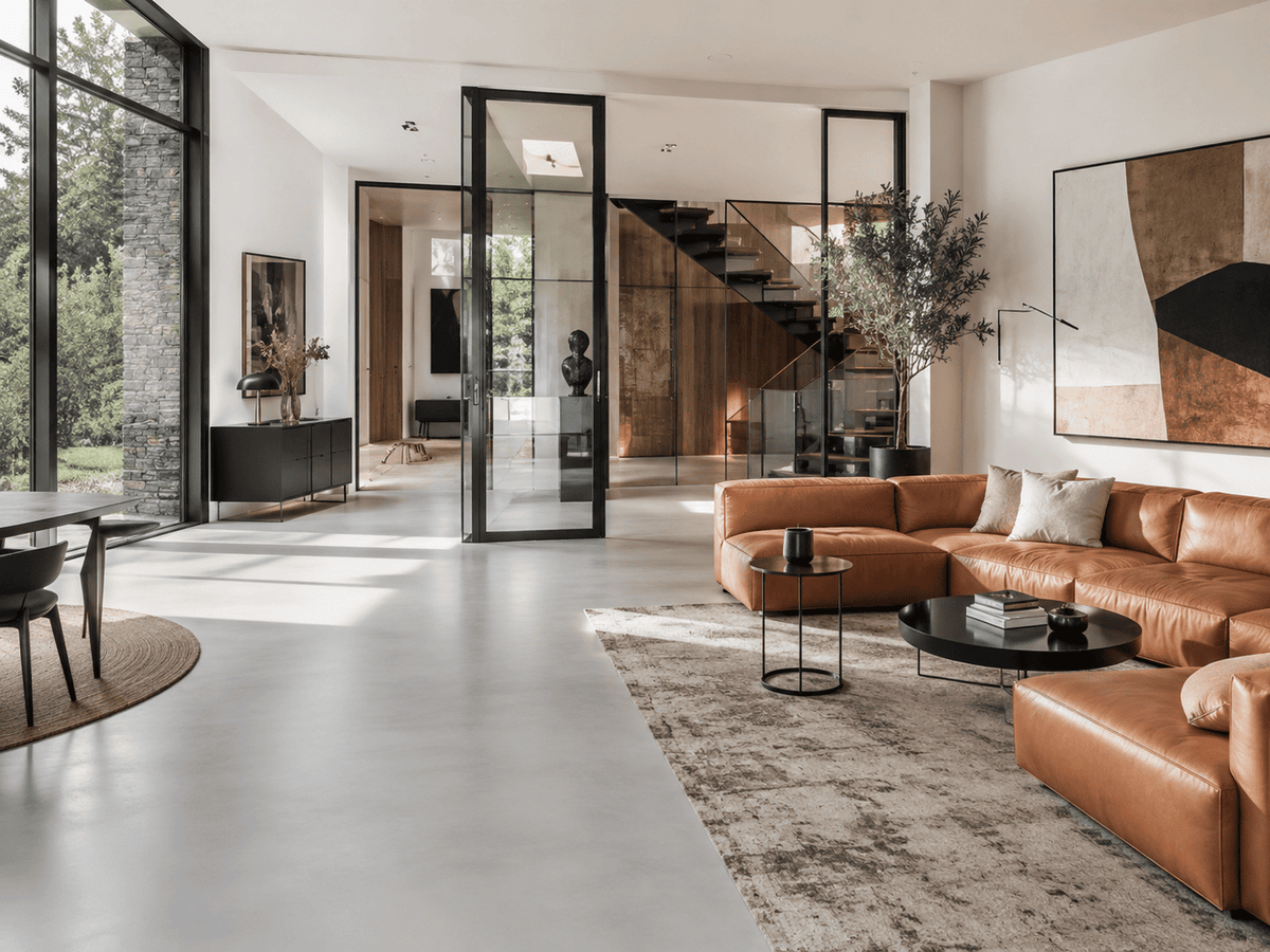 Modernes Loft mit fugenlosem hellgrauem PU-Harzboden, großen Glasflächen, warmen Holzelementen und hochwertiger Einrichtung.