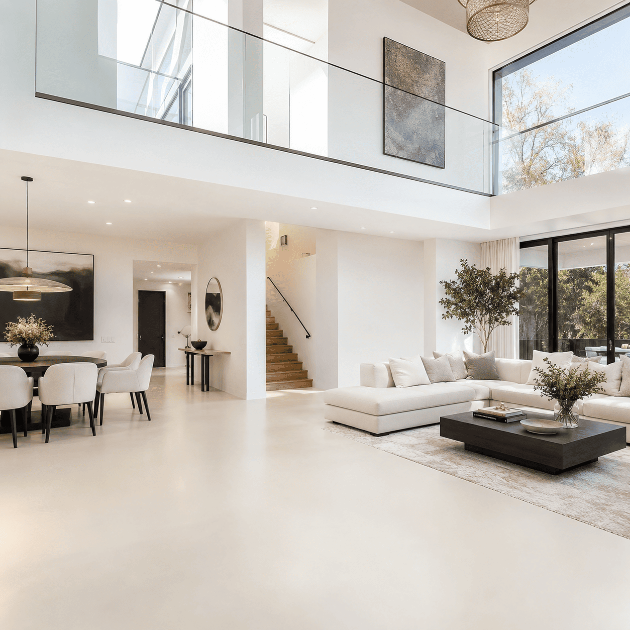Großzügiger moderner Wohnraum mit fugenlosem hellem PU-Harzboden, Galerie, großen Fensterflächen und minimalistischer Einrichtung.