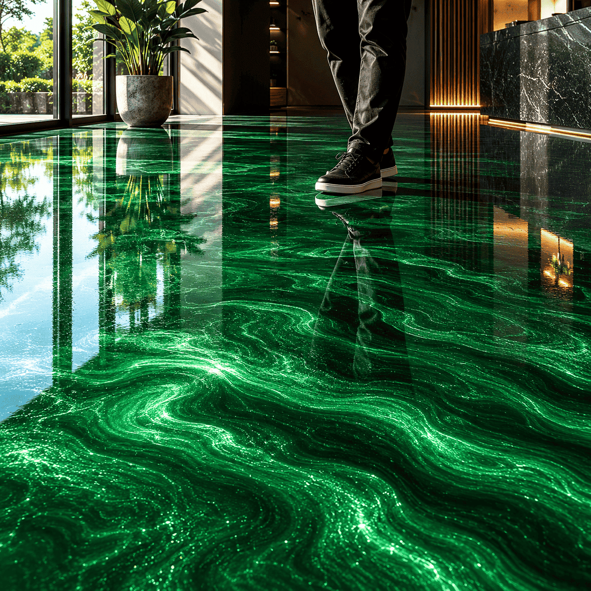 Jadegrüner Metallic-Epoxidharz-Boden mit hochglänzender Marmorstruktur