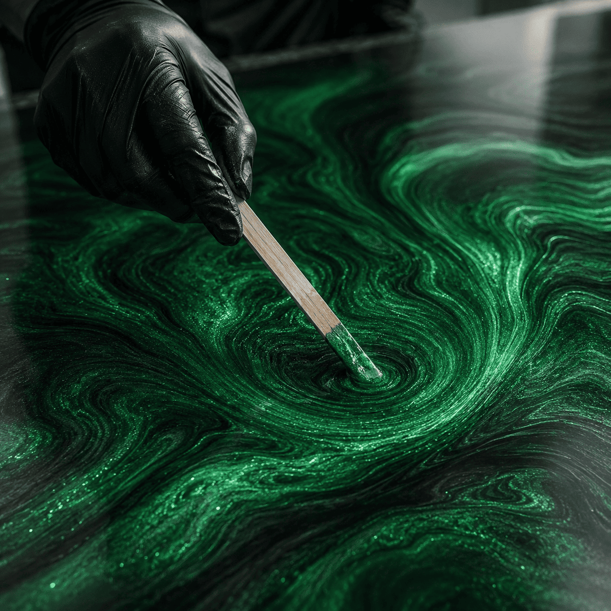 Jadegrünes Metallic-Epoxidharz wird mit Holzstab zur Marmorstruktur gestaltet