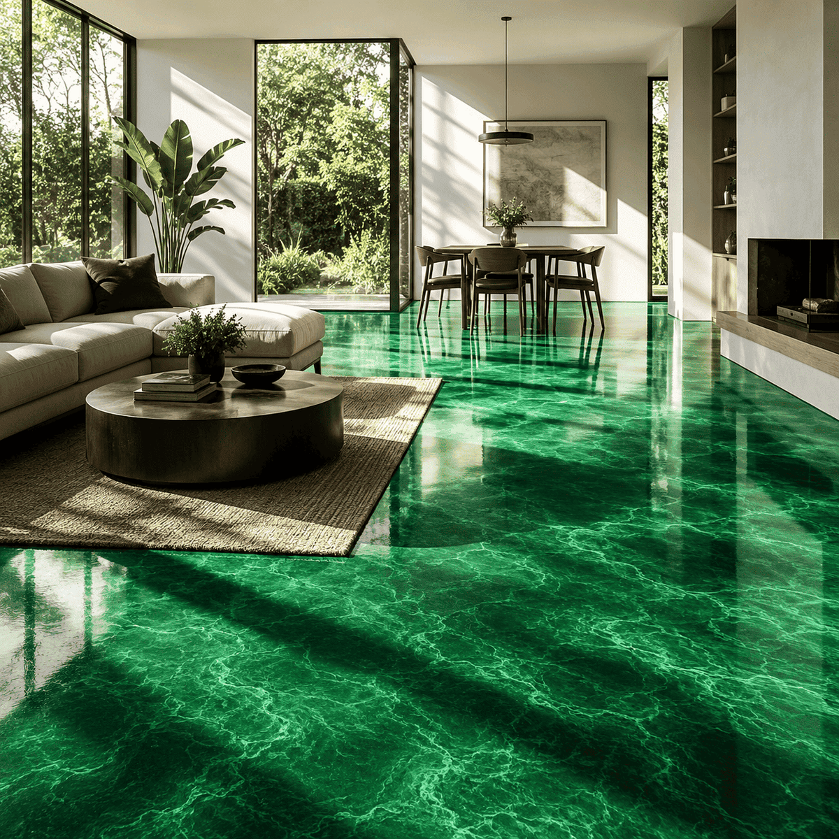 Jadegrüner Metallic-Epoxidharz-Boden im Wohn- und Essbereich