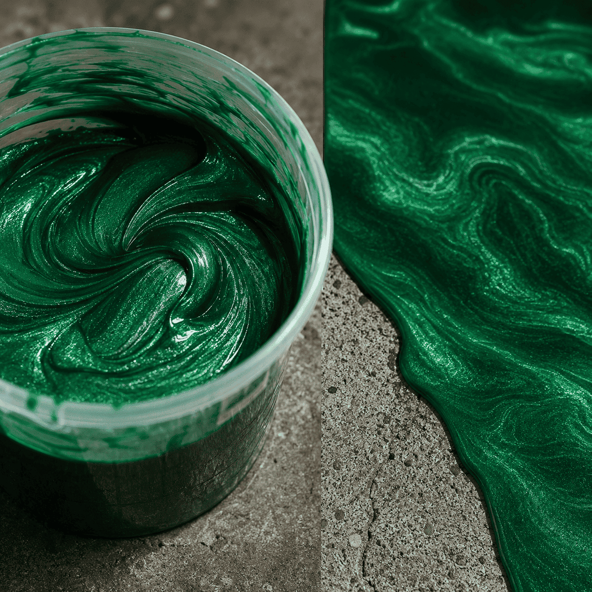 Jadegrünes Metallic-Epoxidharz im Mischbecher und auf Betonboden aufgetragen