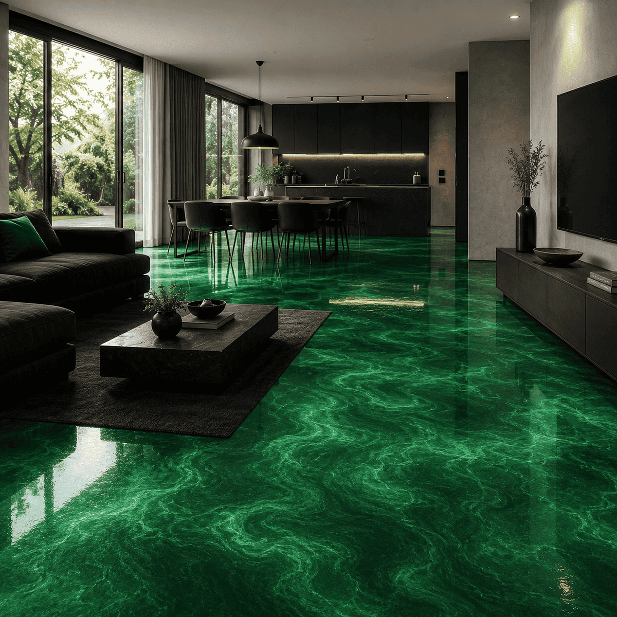 Jadegrüner Metallic-Epoxidharz-Boden im modernen Wohn- und Essbereich