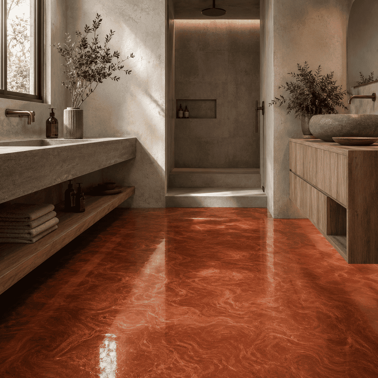 Kaffeebraunes Badezimmer mit Dusche