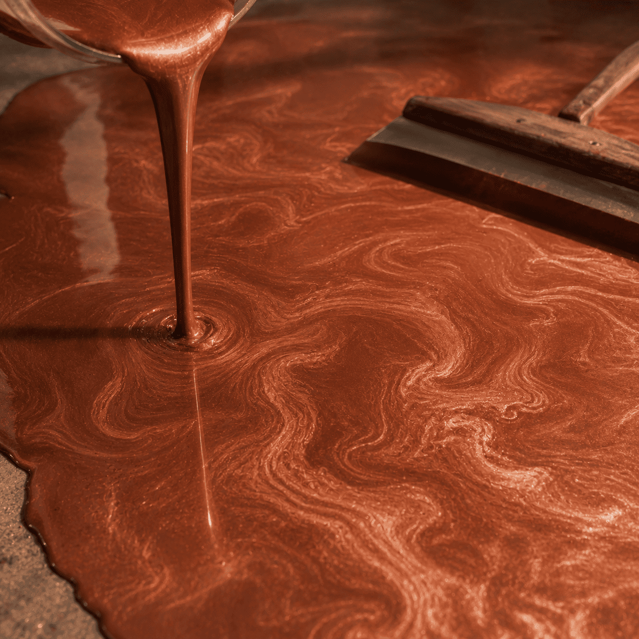 Kaffeebraun gefärbtes Harz wird aus einem Eimer auf den Boden gegossen