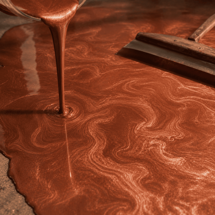 Kaffeebraun gefärbtes Harz wird aus einem Eimer auf den Boden gegossen