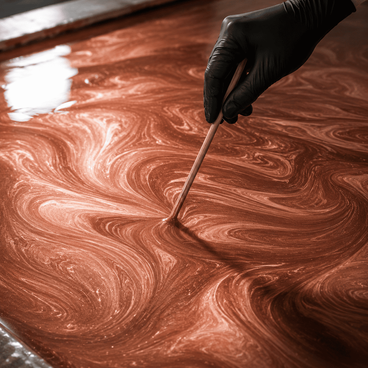 Hellbraunes Metallic-Epoxidharz wird mit einem Holzstab zu einer lebendigen Marmorstruktur gestaltet.