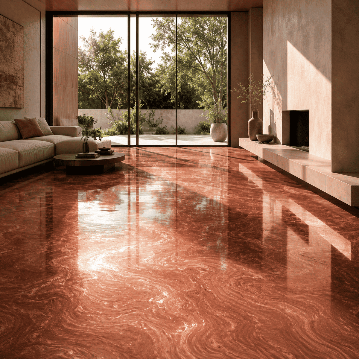 Hellbrauner Metallic-Epoxidharz-Boden mit eleganter Marmorstruktur und hochglänzender Oberfläche im modernen Wohnbereich