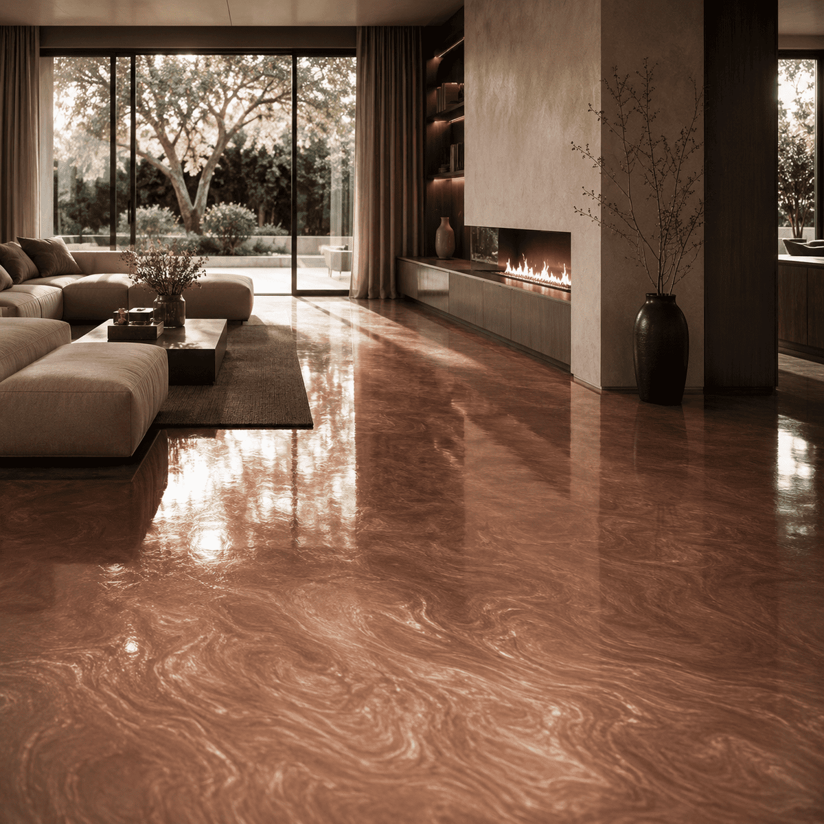 Hellbrauner Metallic-Epoxidharz-Boden mit eleganter Marmorstruktur und hochglänzender Oberfläche im modernen Wohnzimmer