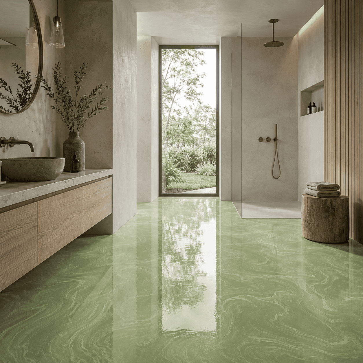 Hellgrünes Badezimmer mit Dusche