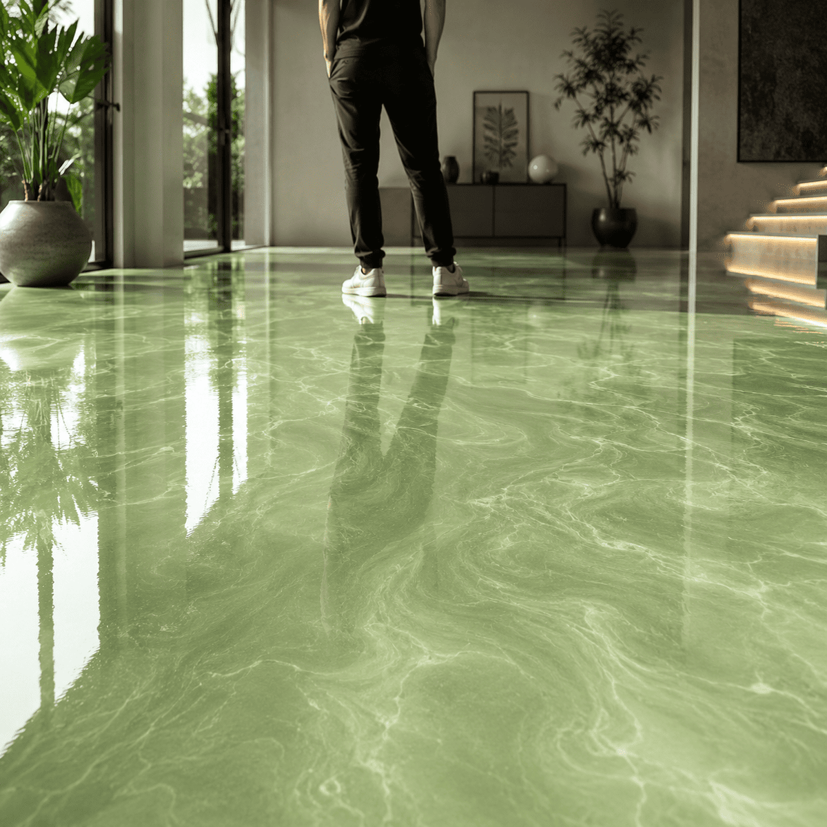 Hellgrüner Metallic-Epoxidharz-Boden mit eleganter Marmorstruktur, feinem Perlglanz, hochglänzender Oberfläche und beeindruckender Spiegelreflexion im modernen Wohnbereich.