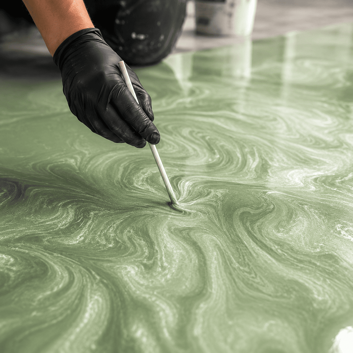 Hellgrünes Metallic-Epoxidharz wird mit einem Holzstab zu einer eleganten Marmorstruktur mit feinem Perlglanz, sanften Wirbeln und natürlicher Tiefenwirkung gestaltet.