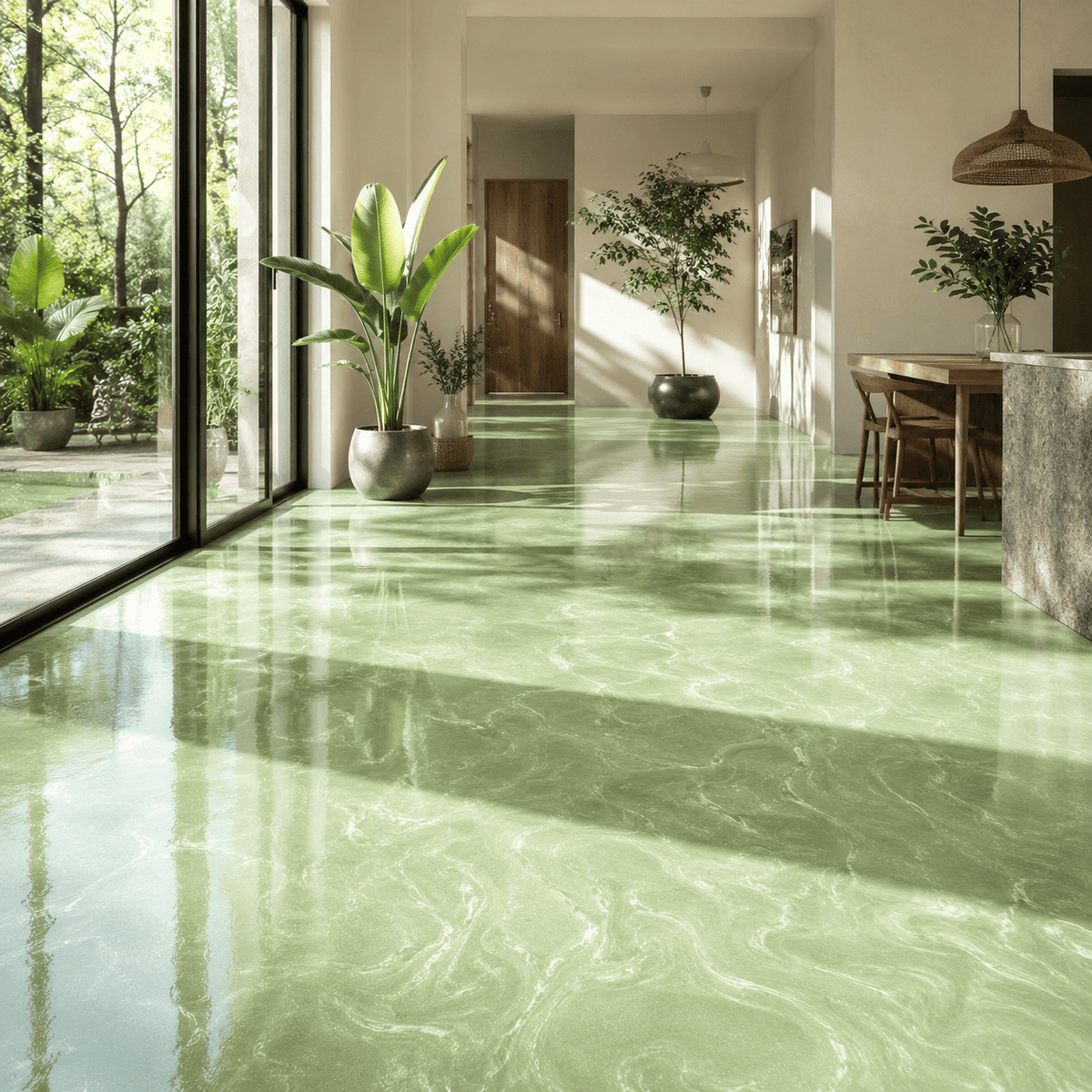 Hellgrüner Metallic-Epoxidharz-Boden mit eleganter Marmorstruktur, feinem Perlglanz, hochglänzender Oberfläche und beeindruckender Spiegelreflexion im modernen Wohn- und Essbereich.