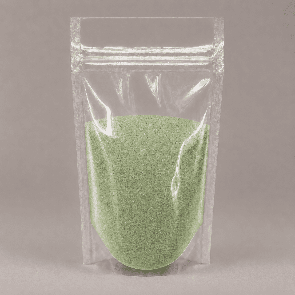 Hellgrünes Pulver in durchsichtiger Plastik Verpackung