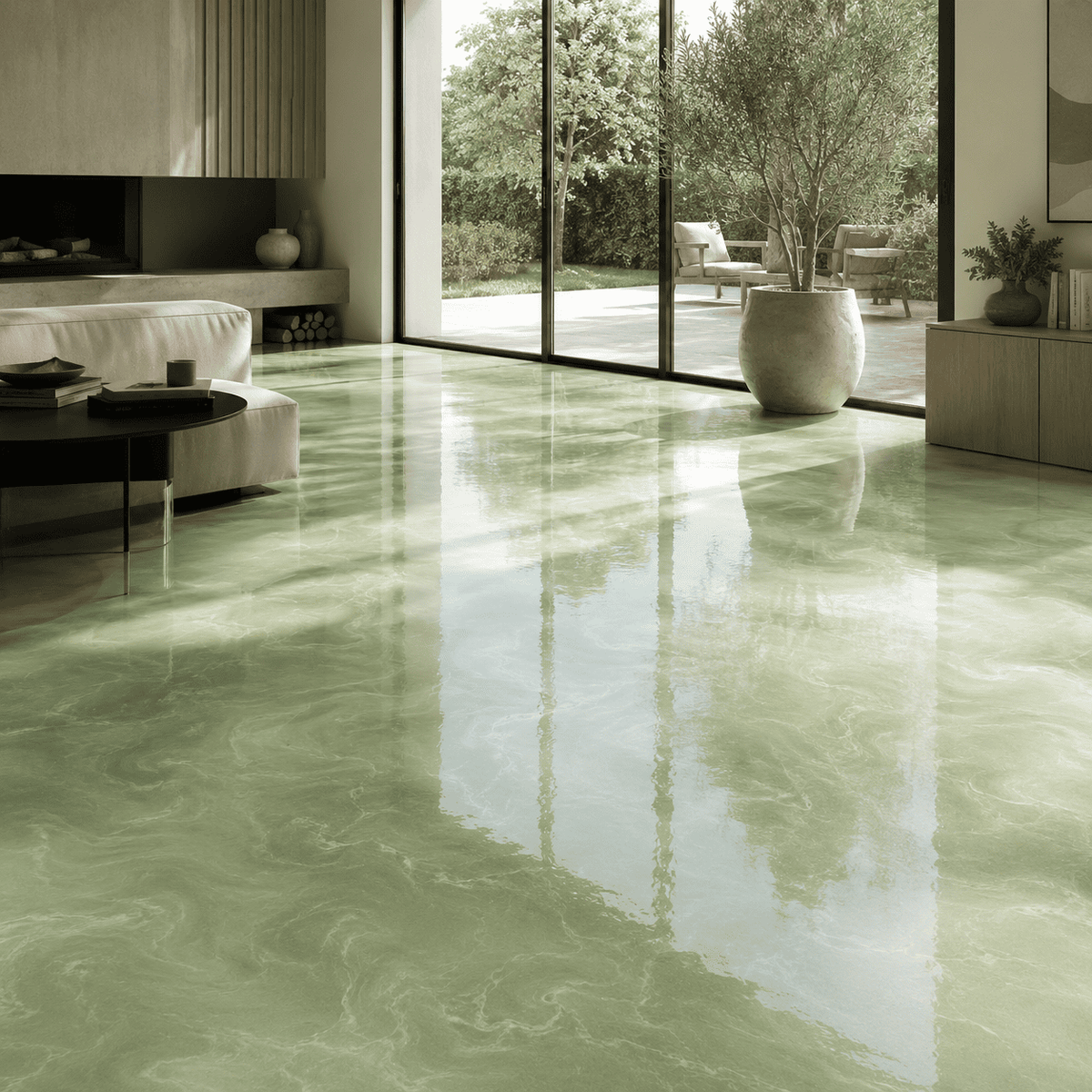 Hellgrüner Metallic-Epoxidharz-Boden mit sanfter Marmorstruktur, dezentem Perlglanz, hochglänzender Oberfläche und eleganter Spiegelreflexion im modernen Wohnbereich.