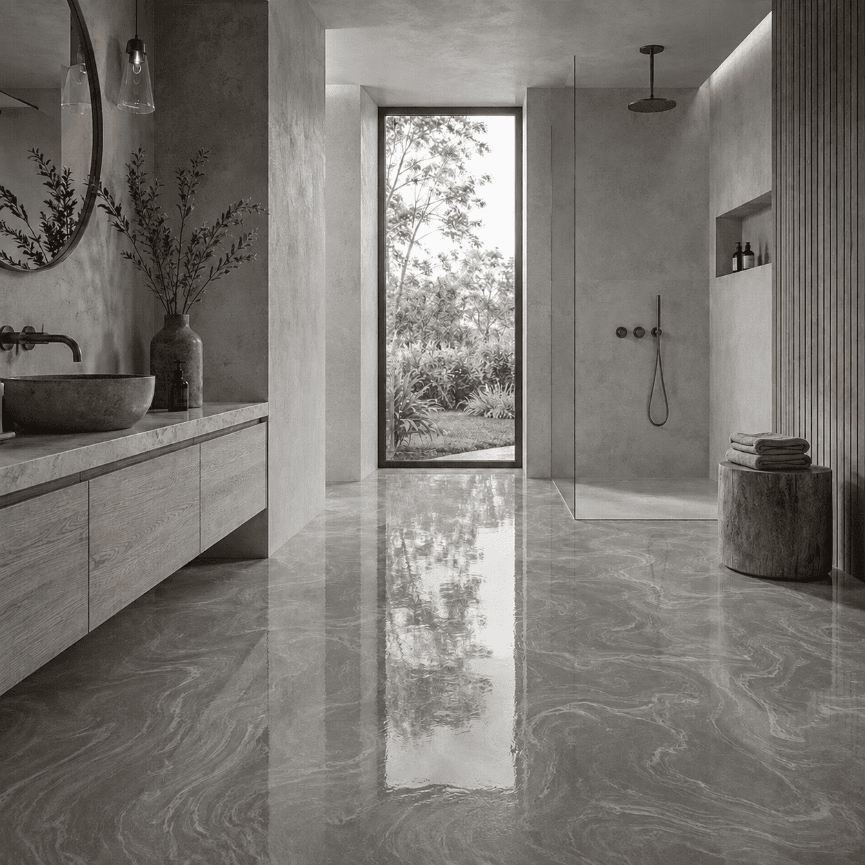 Modernes Badezimmer mit glänzendem Epoxidharzboden in Light Grey und eleganter silbergrauer Metallic-Marmorierung.