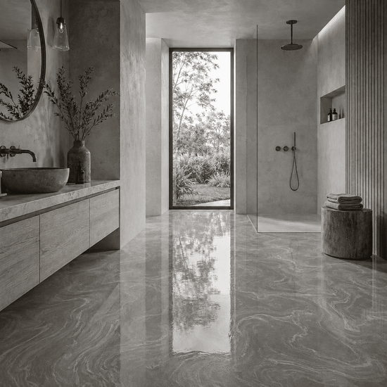 Modernes Badezimmer mit glänzendem Epoxidharzboden in Light Grey und eleganter silbergrauer Metallic-Marmorierung.