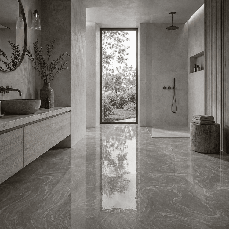 Modernes Badezimmer mit glänzendem Epoxidharzboden in Light Grey und eleganter silbergrauer Metallic-Marmorierung.