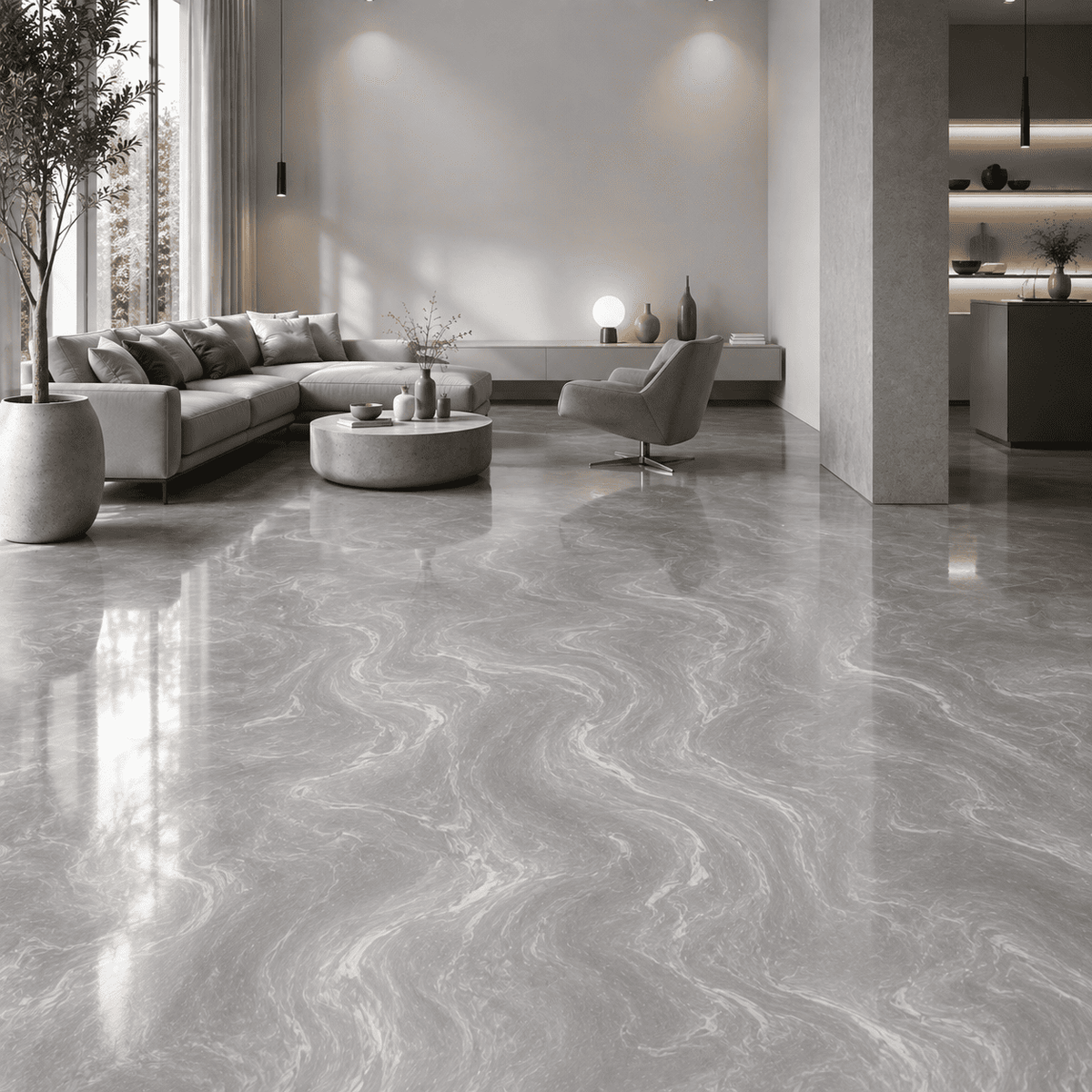 Moderner Wohnraum mit glänzendem Epoxidharzboden in Light Grey und feiner Metallic-Marmorierung.