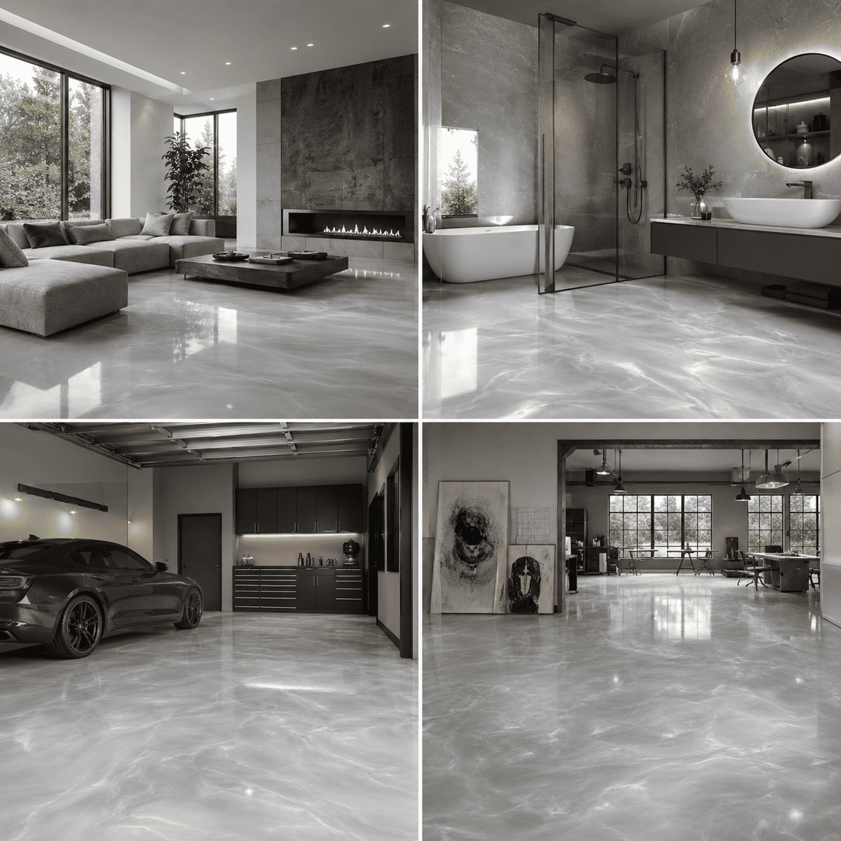 Anwendungsbeispiele für Light Grey Metallic-Pigment auf Epoxidharzböden in Wohnraum, Badezimmer, Garage und modernem Gewerbebereich.