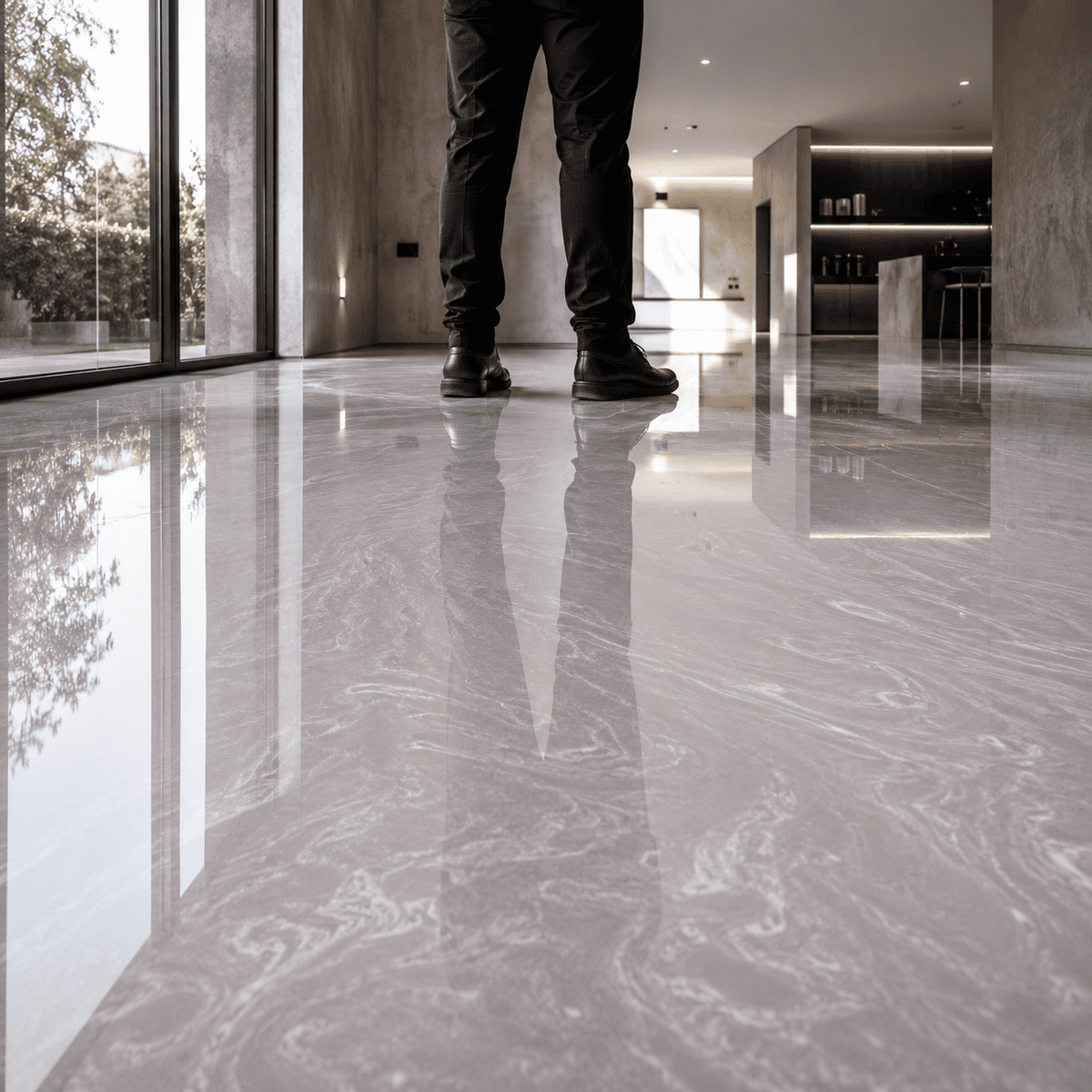 Hellsilberner Metallic-Epoxidharz-Boden mit eleganter Marmorstruktur, feinem Perleffekt, hochglänzender Oberfläche und beeindruckender Spiegelreflexion im modernen Innenraum.