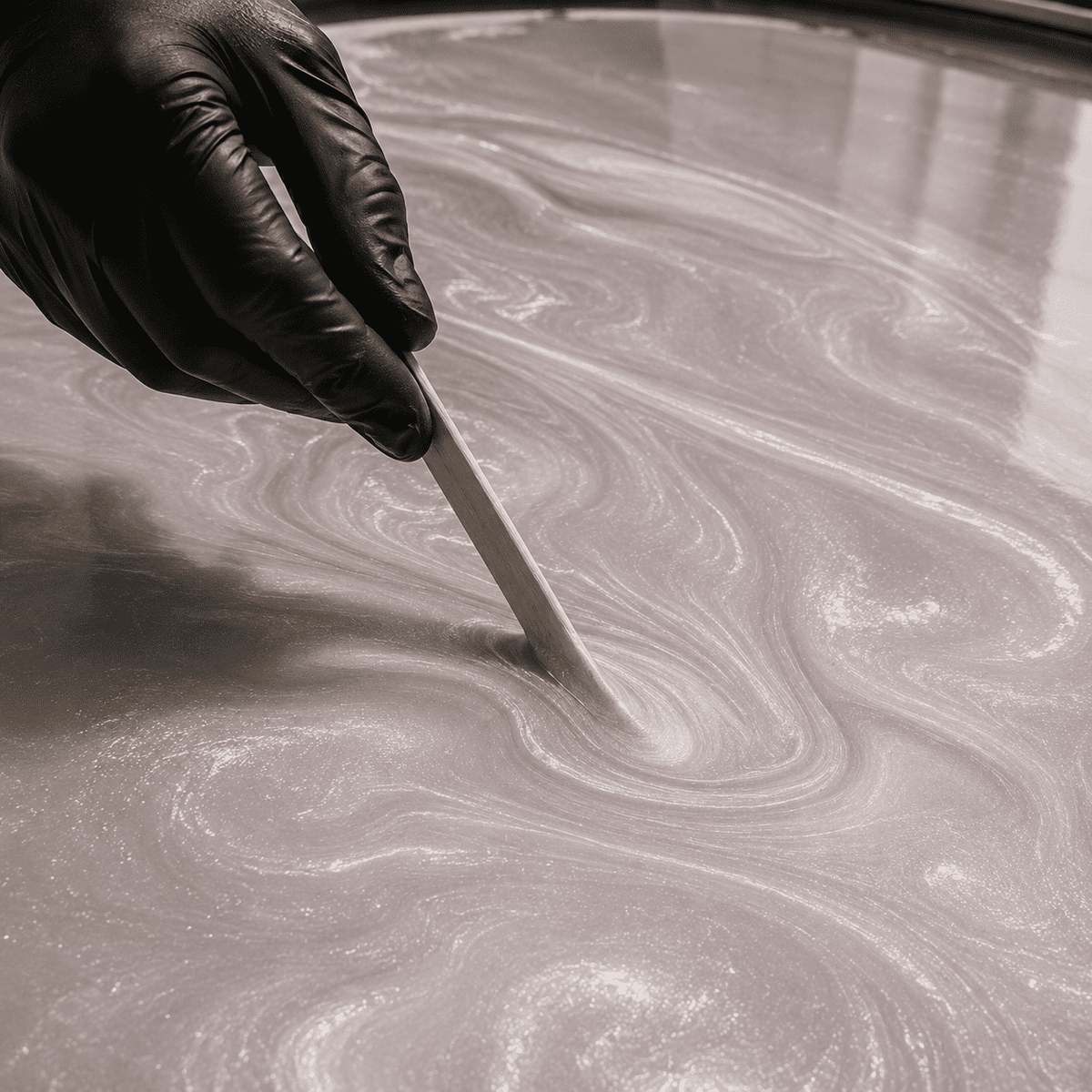Hellsilbernes Metallic-Epoxidharz wird mit einem Holzspatel zu einer eleganten Marmorstruktur mit feinem Perleffekt, seidigem Metallglanz und faszinierender Tiefenwirkung gestaltet.