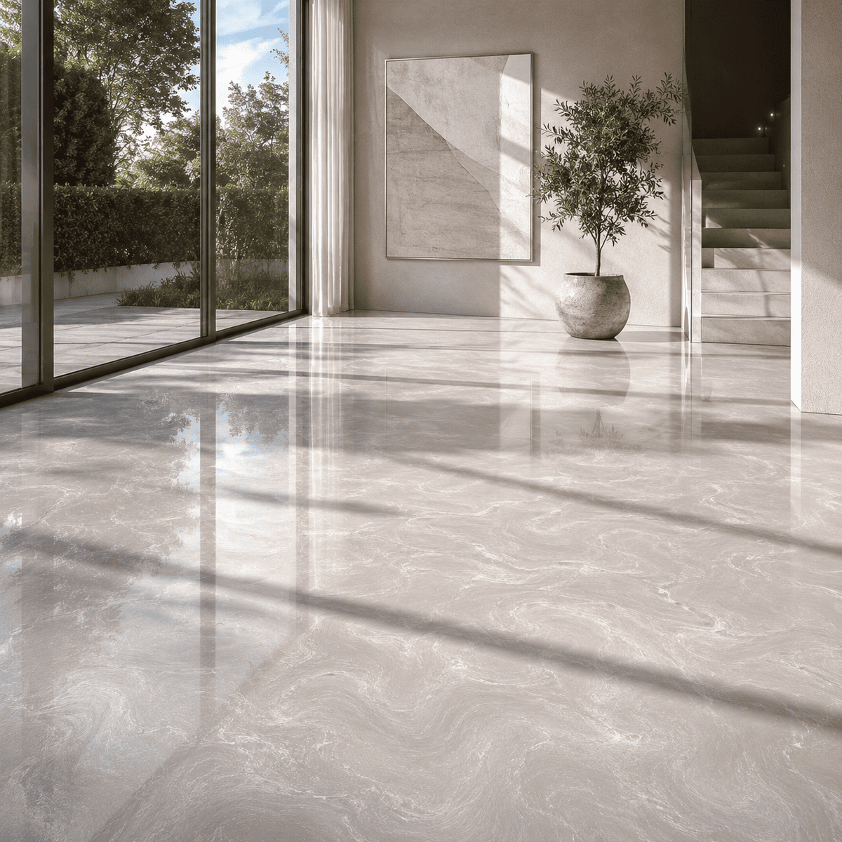 Hellsilberner Metallic-Epoxidharz-Boden mit luxuriöser Marmorstruktur, feinem Perleffekt, hochglänzender Oberfläche und beeindruckender Spiegelreflexion im lichtdurchfluteten modernen Wohnbereich.