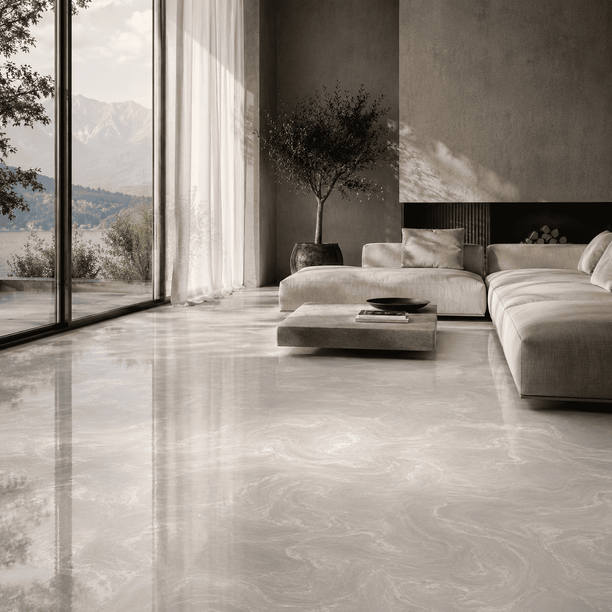 Hellsilberner Metallic-Epoxidharz-Boden mit eleganter Marmorstruktur, feinem Perleffekt, hochglänzender Oberfläche und beeindruckender Spiegelreflexion im modernen Wohnbereich.