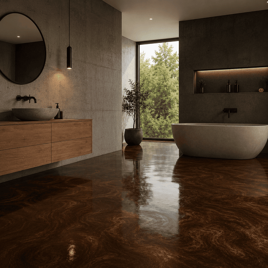 Dunkelbraunes Badezimmer mit Dusche