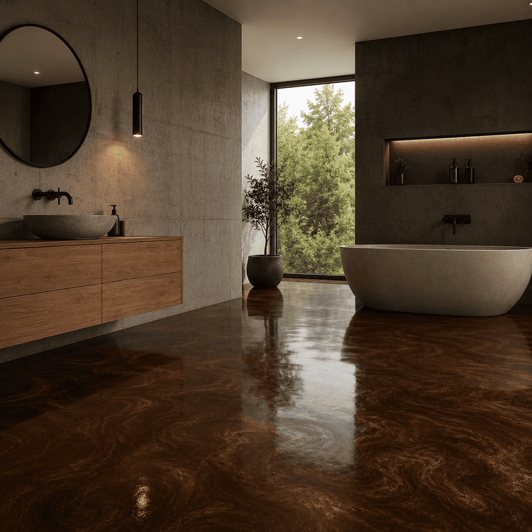 Dunkelbraunes Badezimmer mit Dusche