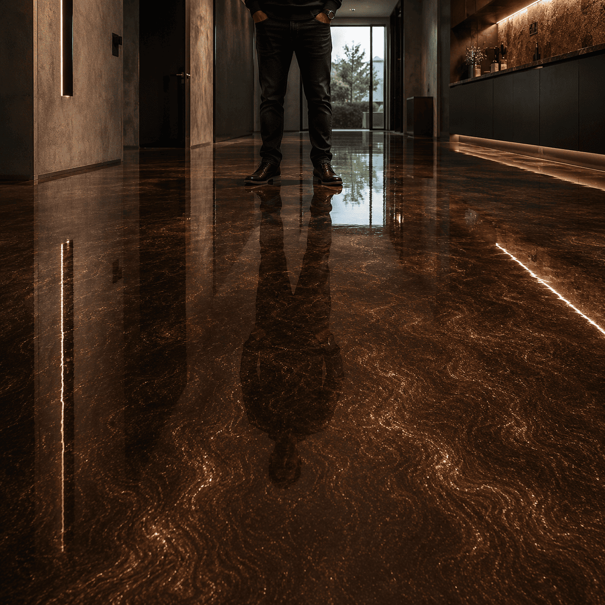 Brauner Metallic-Epoxidharz-Boden mit hochglänzender Marmorstruktur und Spiegelreflexion im modernen Innenbereich