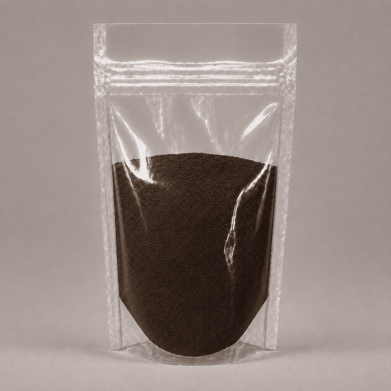 Dunkelbraunes Pulver in durchsichtiger Plastik Verpackung