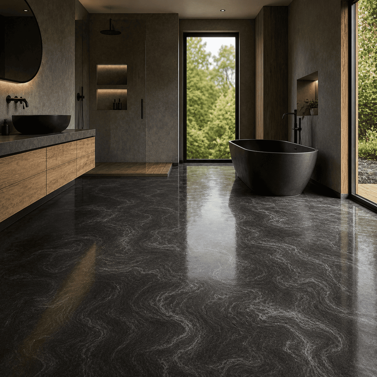 Silbergraues Badezimmer mit Dusche