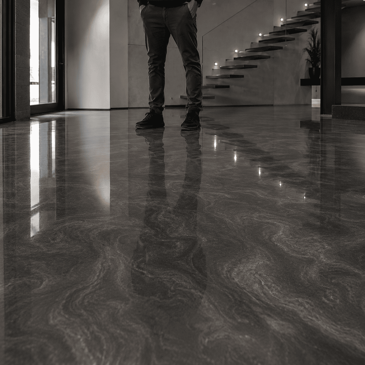 Lustergrauer Metallic-Epoxidharz-Boden mit eleganter Marmorstruktur, hochglänzender Oberfläche und brillanter Spiegelreflexion im modernen Innenraum.
