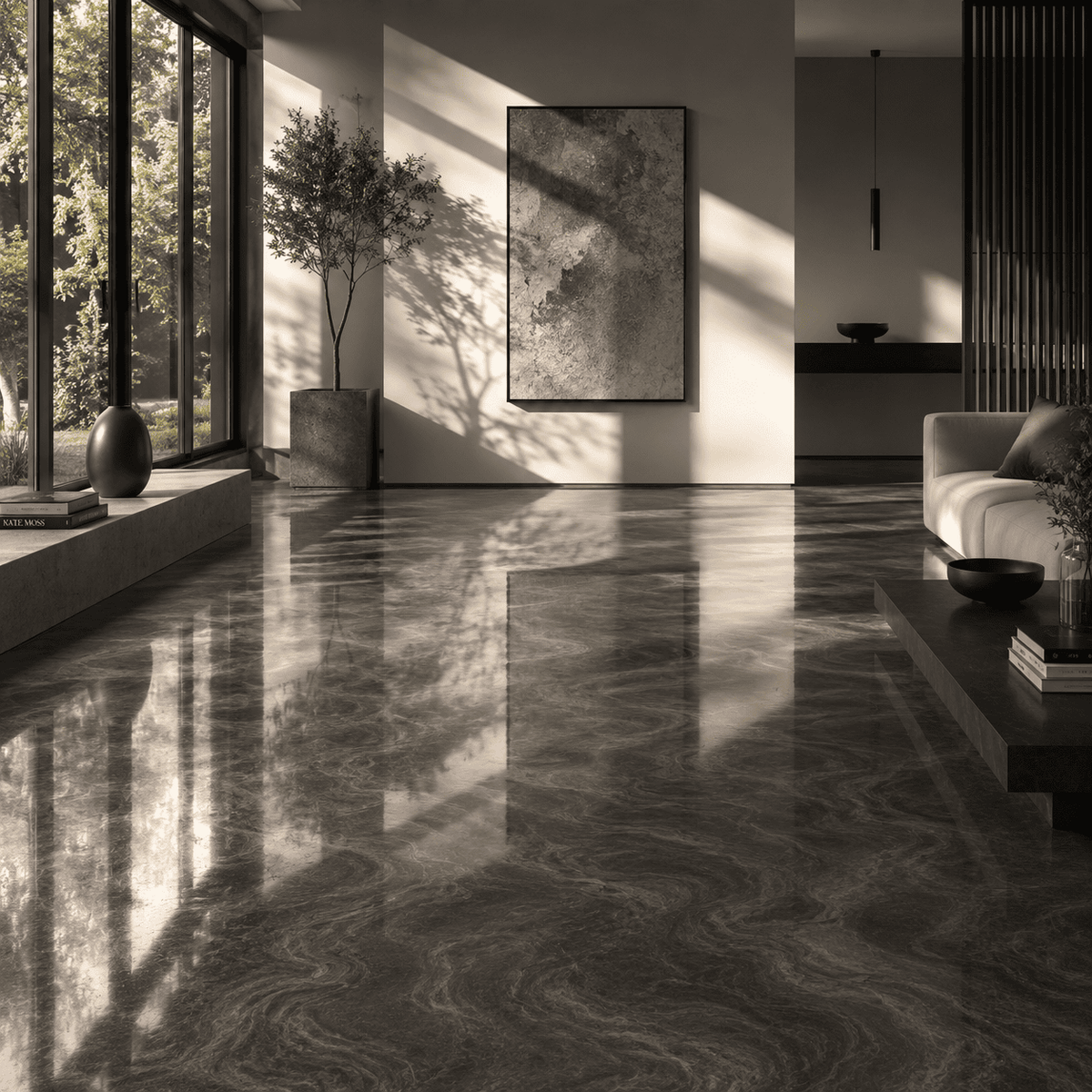 Lustergrauer Metallic-Epoxidharz-Boden mit eleganter Marmorstruktur, hochglänzender Oberfläche und edler Spiegelreflexion im modernen Wohnbereich.