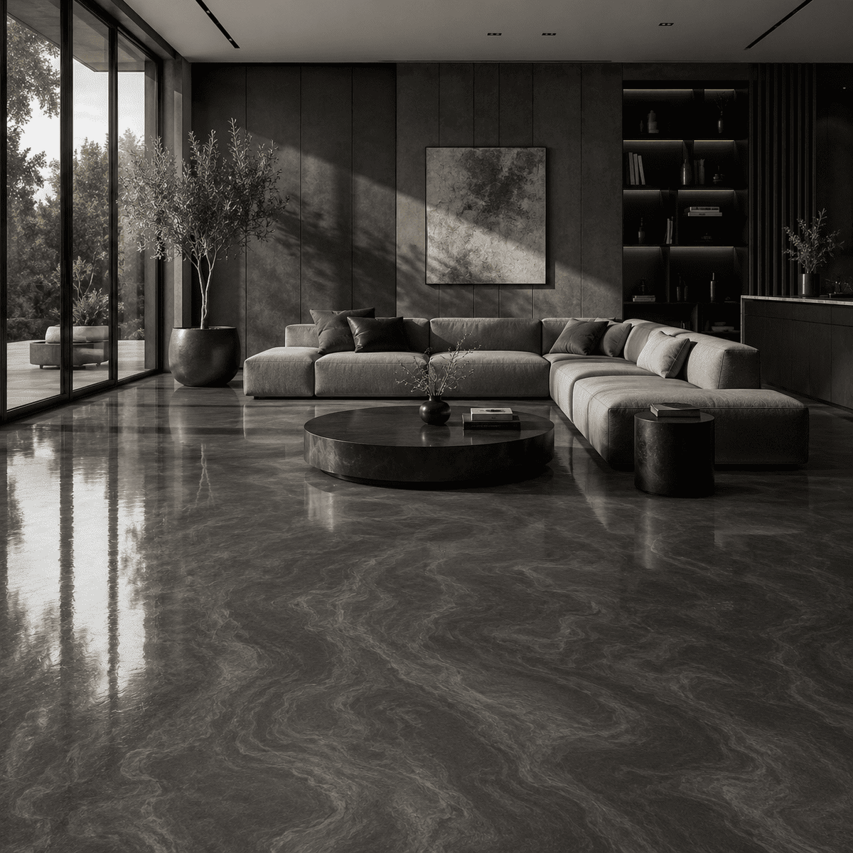 Lustergrauer Metallic-Epoxidharz-Boden mit eleganter Marmorstruktur, hochglänzender Oberfläche und edler Tiefenwirkung im modernen Designer-Wohnzimmer.