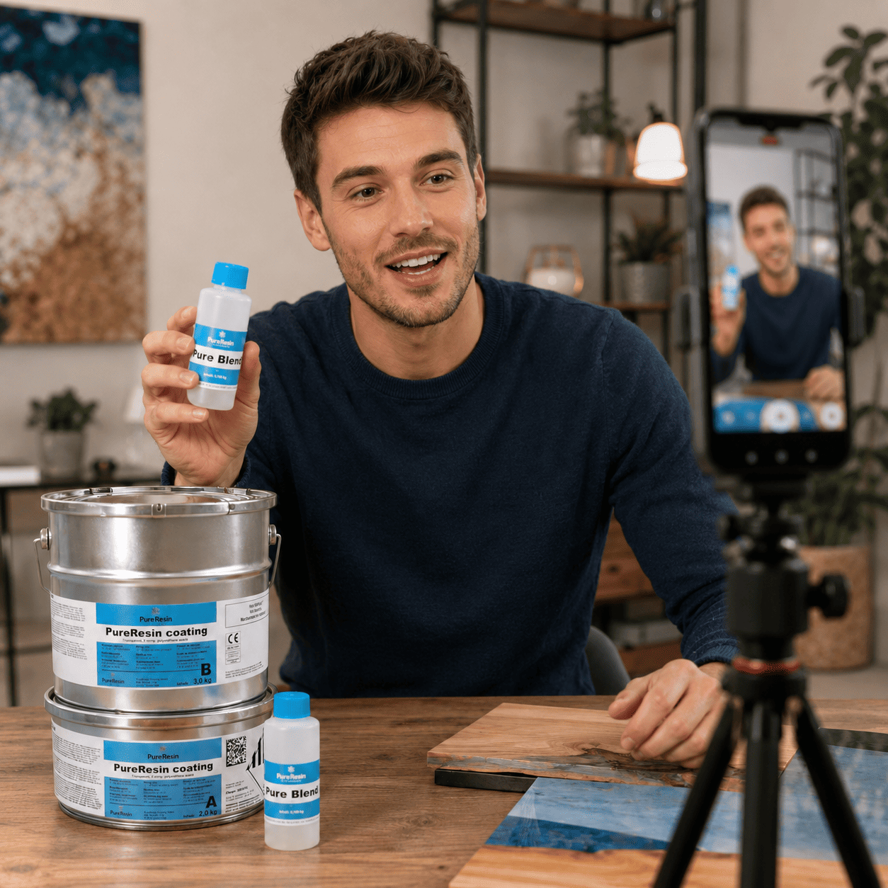 Content Creator filmt ein PureResin-Produktreview mit Smartphone und präsentiert Epoxidharz-Produkte vor der Kamera.