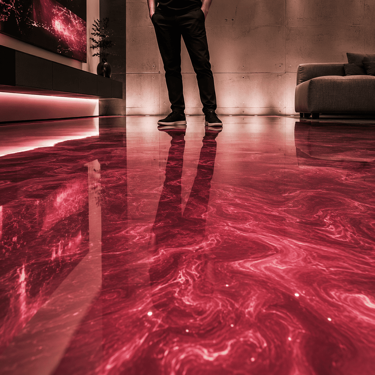 Mauvefarbener Metallic-Epoxidharz-Boden mit luxuriöser Marmorstruktur, intensivem Perleffekt, hochglänzender Oberfläche und beeindruckender Spiegelreflexion im modernen Innenraum.