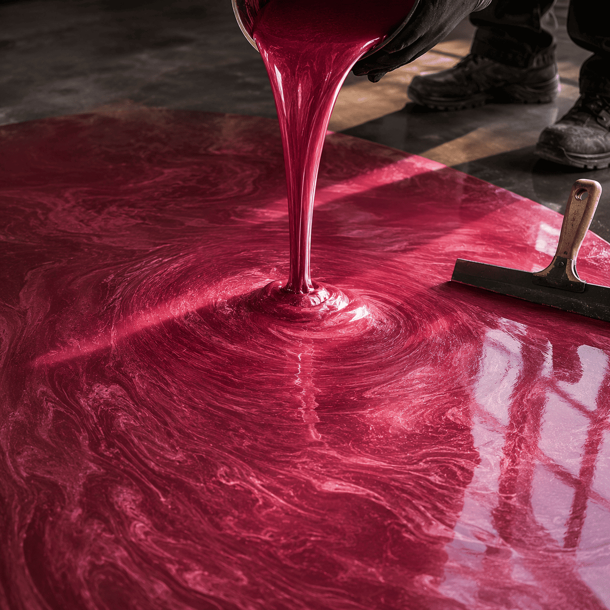 Mauve gefärbtes Harz wird aus einem Eimer auf den Boden gegossen