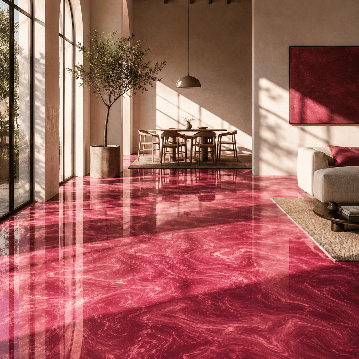 Mauvefarbener Metallic-Epoxidharz-Boden mit luxuriöser Marmorstruktur, intensivem Perleffekt, hochglänzender Oberfläche und beeindruckender Spiegelreflexion im modernen Wohnbereich.