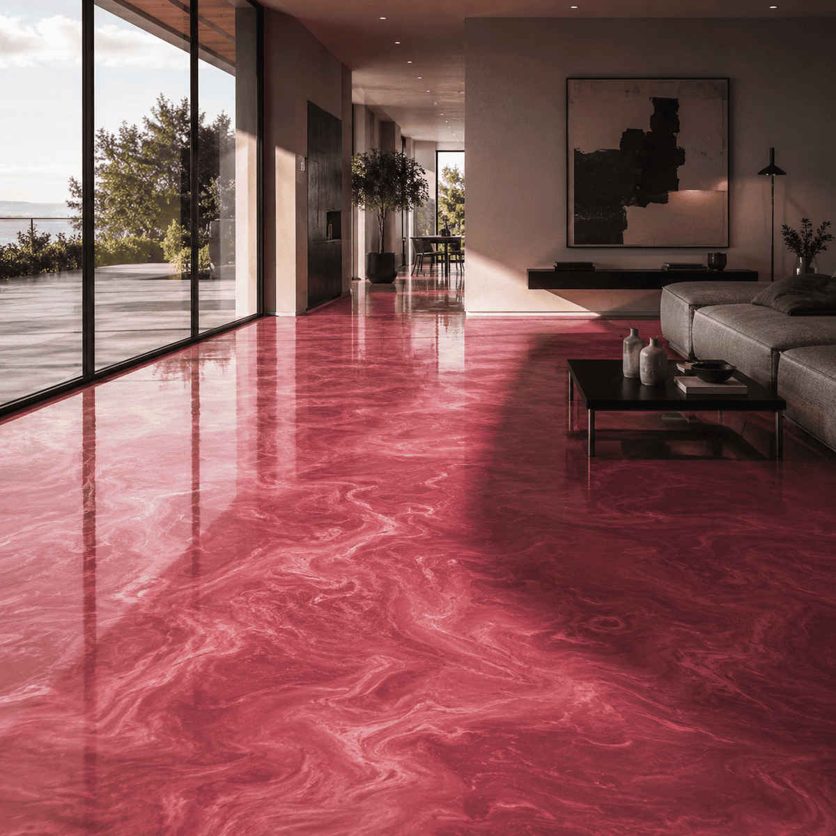 Mauvefarbener Metallic-Epoxidharz-Boden mit luxuriöser Marmorstruktur, intensivem Perleffekt, hochglänzender Oberfläche und beeindruckender Spiegelreflexion im modernen Wohnbereich.