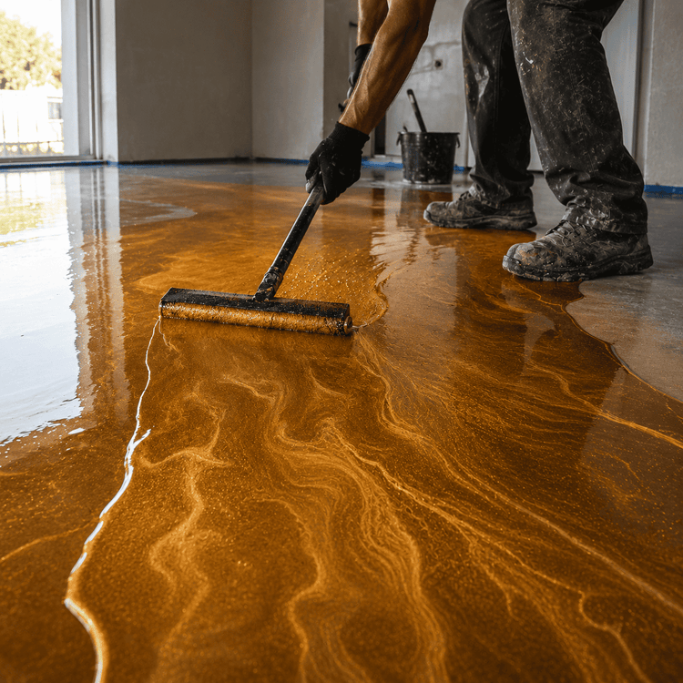 Ein Mann streicht einen Beton Boden in goldener Farbe mit einem Farbroller
