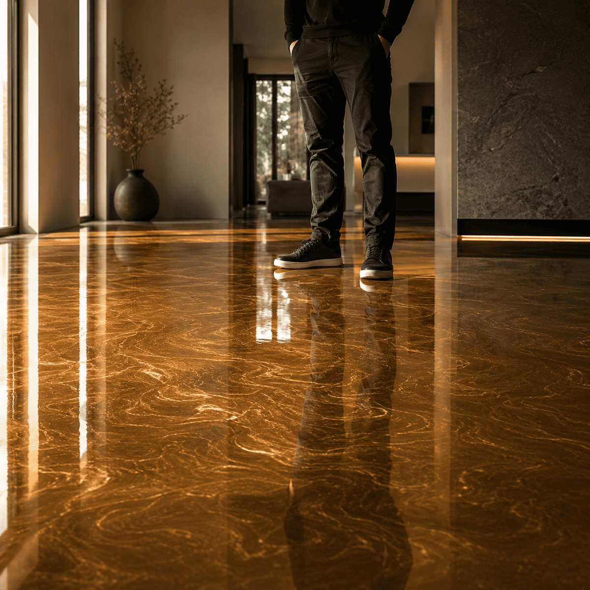 Maya Gold UV Metallic-Epoxidharz-Boden mit warmer Goldoptik, luxuriöser Marmorstruktur, intensivem Perleffekt, hochglänzender Oberfläche und beeindruckender Spiegelreflexion – präsentiert im modernen Innenraum mit außergewöhnlicher Tiefenwirkung.