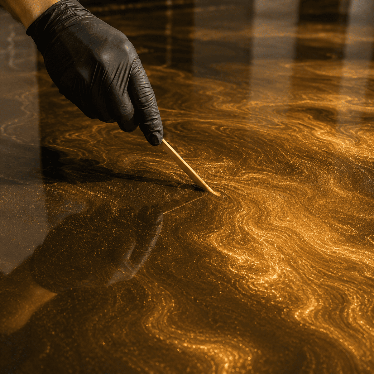 Maya Gold UV Metallic-Epoxidharz wird mit einem Holzspatel zu einer luxuriösen Marmorstruktur mit intensivem Perleffekt, brillantem Goldschimmer und faszinierender Tiefenwirkung gestaltet.