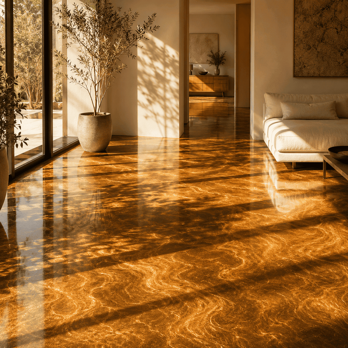Maya Gold UV Metallic-Epoxidharz-Boden mit strahlender Goldoptik, luxuriöser Marmorstruktur, intensivem Perleffekt, hochglänzender Oberfläche und beeindruckender Spiegelreflexion im lichtdurchfluteten modernen Wohnbereich.