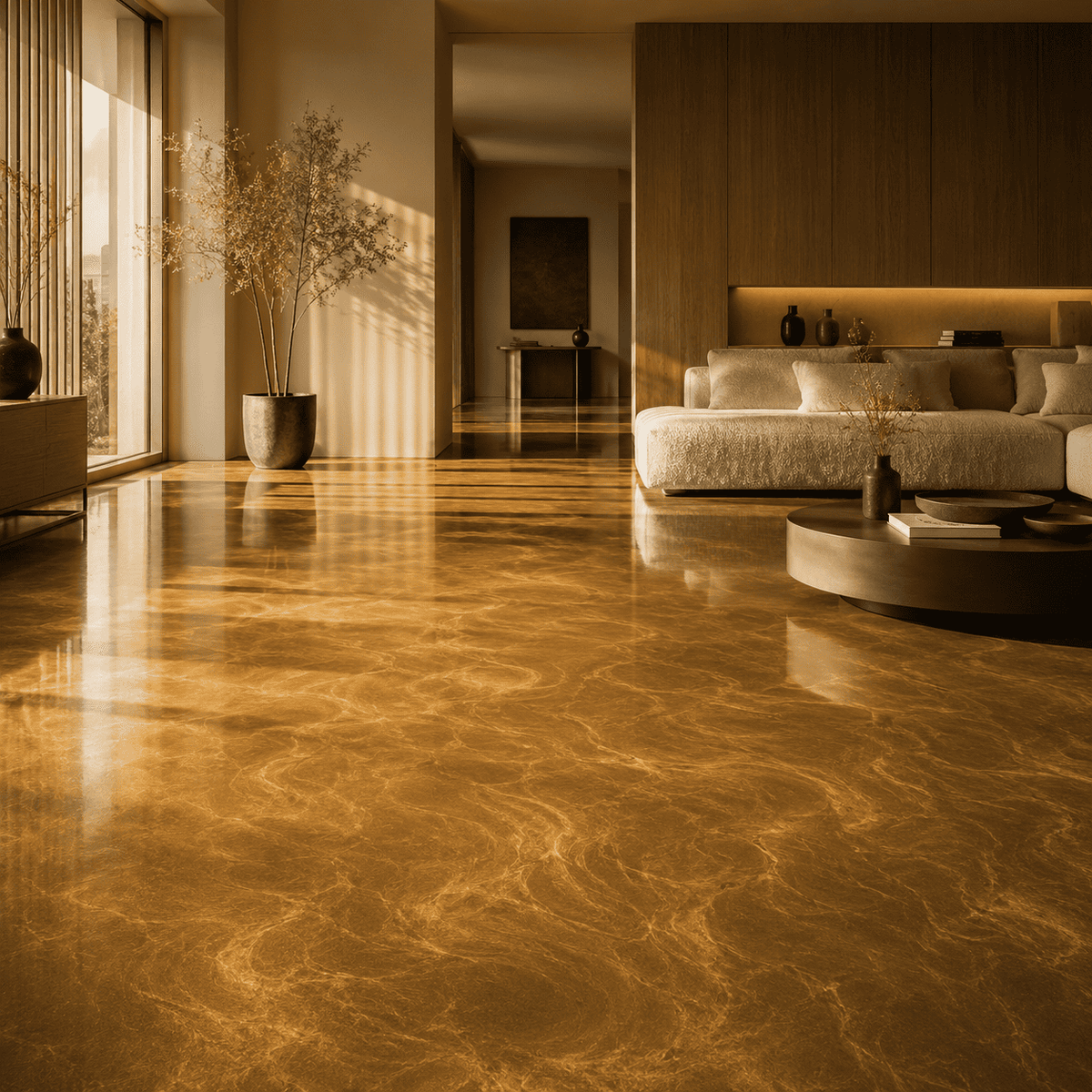 Maya Gold UV Metallic-Epoxidharz-Boden mit warmer Goldoptik, luxuriöser Marmorstruktur, intensivem Perleffekt, hochglänzender Oberfläche und beeindruckender Spiegelreflexion im stilvollen modernen Wohnbereich.