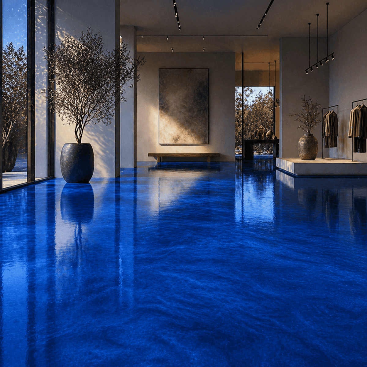 Sky Blue UV Metallic-Epoxidharz-Boden mit strahlender Himmelblau-Optik, luxuriöser Marmorstruktur, brillantem Perleffekt, hochglänzender Oberfläche und beeindruckender Spiegelreflexion im exklusiven modernen Showroom.